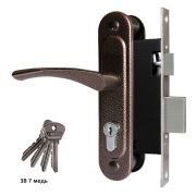 Замок врезной цилиндровый с защёлкой в комплекте с ручкой ЗВ7 (медь), 4 кл.