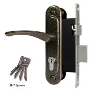 Замок врезной цилиндровый с защёлкой в комплекте с ручкой ЗВ7 (бронза), 4 кл.