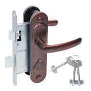 Замок врезной сувальдный с защёлкой в комплекте с ручкой ЗВ9.2-08 (медь антик), 3 кл.